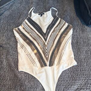 Express V-Neck Sequin Bodysuit in Black, Gold, and White